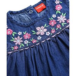 Babyhug Denim Sleeveless Floral Embroidered Top & Shorts Set - Navy Blue
