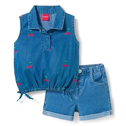 Babyhug Sleeveless Top & Shorts Set With Cherry Embroidery - Blue