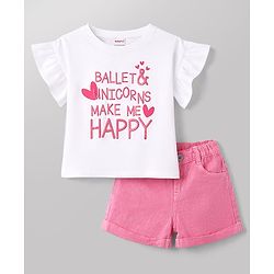 Babyhug Single Jersey Knit Half Sleeves Top & Shorts Set With Text Print - White & Pink