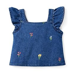 Babyhug Denim Sleeveless Floral Embroidered Top & Skirts Set - Blue