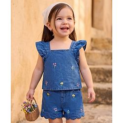 Babyhug Denim Sleeveless Floral Embroidered Top & Skirts Set - Blue