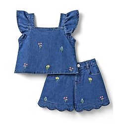 Babyhug Denim Sleeveless Floral Embroidered Top & Skirts Set - Blue