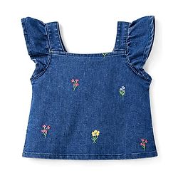 Babyhug Denim Sleeveless Floral Embroidered Top & Skirts Set - Blue