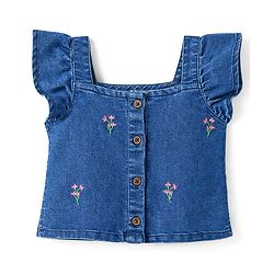 Babyhug Denim Sleeveless Floral Embroidered Top & Skirts Set - Blue