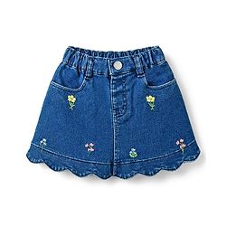 Babyhug Denim Sleeveless Floral Embroidered Top & Skirts Set - Blue