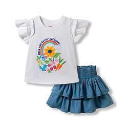 Babyhug Single Jersey Knit Half Sleeves Floral Printed T-Shirt & Skirt Set - White & Blue