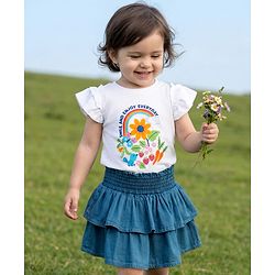 Babyhug Single Jersey Knit Half Sleeves Floral Printed T-Shirt & Skirt Set - White & Blue