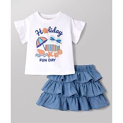 Babyhug Single Jersey Knit Half Sleeves Beach Theme Printed T-Shirt & Denim Skirts Set - White & Light Blue