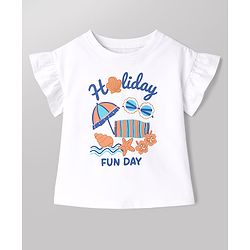 Babyhug Single Jersey Knit Half Sleeves Beach Theme Printed T-Shirt & Denim Skirts Set - White & Light Blue