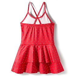 Babyhug Sleeveless Water Repellent Frock Swimsuit with Bow Applique & Polka Dot Print - Red