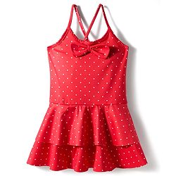 Babyhug Sleeveless Water Repellent Frock Swimsuit with Bow Applique & Polka Dot Print - Red