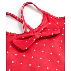 Babyhug Sleeveless Water Repellent Frock Swimsuit with Bow Applique & Polka Dot Print - Red