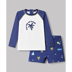 Babyhug Water Repellent Full Sleeve Two Piece Swimsuit With Beach Theme - White