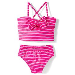 Babyhug Water Repellent Sleeveless Striped Two Piece Swimsuit With Bow Applique - Pink