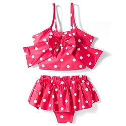 Babyhug Water Repellent Sleeveless Two Piece Swimsuit With Polka Dot Print & Bow Applique - Red