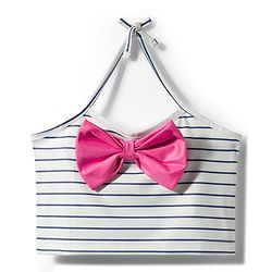 Babyhug Water Repellent Sleeveless Striped Two Piece Swimsuit with Bow Applique - Navy Blue