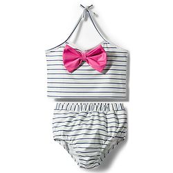 Babyhug Water Repellent Sleeveless Striped Two Piece Swimsuit with Bow Applique - Navy Blue