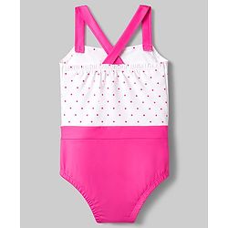 Babyhug Water Repellant V Cut Swimsuit With Polka Dots Print & Bow Print - White & Pink