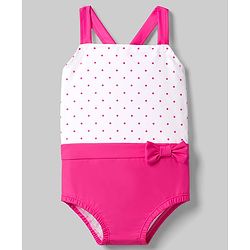 Babyhug Water Repellant V Cut Swimsuit With Polka Dots Print & Bow Print - White & Pink