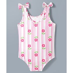 Babyhug Water Repellant V Cut Swimsuit With Floral Print & Bow Applique - Pink