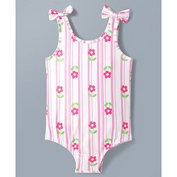 Babyhug Water Repellant V Cut Swimsuit With Floral Print & Bow Applique - Pink