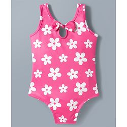 Babyhug Water Repellant V Cut Swimsuit With Floral Print - Pink