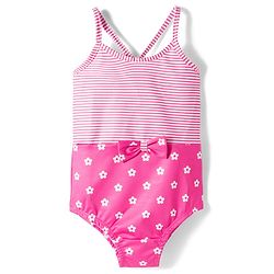 Babyhug Water Repellent V Cut Swimsuit With Floral Print & Bow Applique - Pink