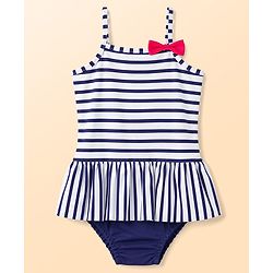 Babyhug Water Repellent Sleeveless Striped V Cut Swimsuit With Bow Applique - Navy Blue