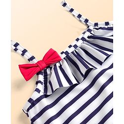 Babyhug Water Repellent Sleeveless Striped V Cut Swimsuit With Bow Applique - Navy Blue