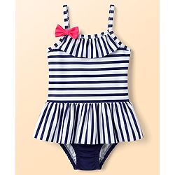 Babyhug Water Repellent Sleeveless Striped V Cut Swimsuit With Bow Applique - Navy Blue