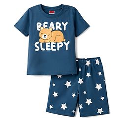 Babyhug Cotton Knit Half Sleeves T-Shirt & Shorts Night Suit with Bear & Star Print - Teal Blue