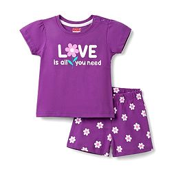 Babyhug Cotton Knit Half Sleeves Shorts & T-Shirt Night Suit Floral Print - Purple