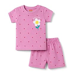 Babyhug Cotton Knit Half Sleeves T-Shirt & Shorts Night Suit with Floral Print - Pink