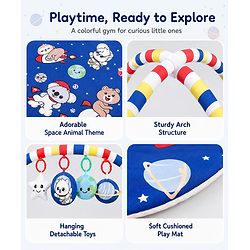 Babyhug Animal in Space Theme Play Gym with Hanging Toys Soft Activity Play Mat for Babies Detachable Rattling Toys Portable & Foldable| Motor Skill Development Ideal for Gifting BIS Certified - Blue