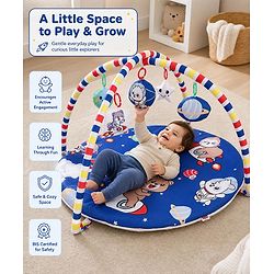 Babyhug Animal in Space Theme Play Gym with Hanging Toys Soft Activity Play Mat for Babies Detachable Rattling Toys Portable & Foldable| Motor Skill Development Ideal for Gifting BIS Certified - Blue