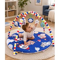 Babyhug Animal in Space Theme Play Gym with Hanging Toys Soft Activity Play Mat for Babies Detachable Rattling Toys Portable & Foldable| Motor Skill Development Ideal for Gifting BIS Certified - Blue