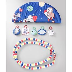 Babyhug Animal in Space Theme Play Gym with Hanging Toys Soft Activity Play Mat for Babies Detachable Rattling Toys Portable & Foldable| Motor Skill Development Ideal for Gifting BIS Certified - Blue