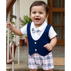 Babyhug 100% Cotton Knit Half Sleeves Checkered Romper with Bow Applique - Navy Blue