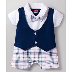 Babyhug 100% Cotton Knit Half Sleeves Checkered Romper with Bow Applique - Navy Blue