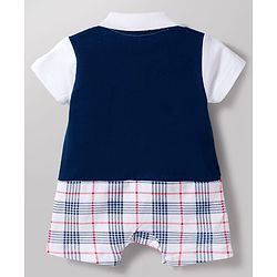 Babyhug 100% Cotton Knit Half Sleeves Checkered Romper with Bow Applique - Navy Blue