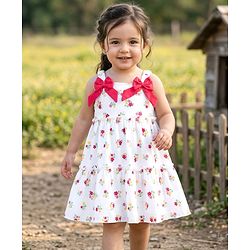 Babyhug 100% Cotton Knit Sleeveless Floral Printed Frock With Bow Applique - White