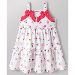 Babyhug 100% Cotton Knit Sleeveless Floral Printed Frock With Bow Applique - White