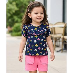 Babyhug Cotton Knit Half Sleeves Floral Printed Top & Shorts Set - Navy Blue & Pink