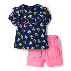 Babyhug Cotton Knit Half Sleeves Floral Printed Top & Shorts Set - Navy Blue & Pink