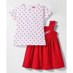 Babyhug Single Jersey Knit Half Sleeves Floral Embroidered Frock with Heart Printed Inner Tee - Red  & White