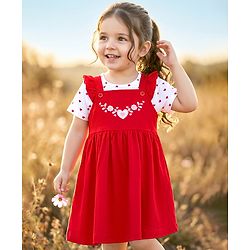 Babyhug Single Jersey Knit Half Sleeves Floral Embroidered Frock with Heart Printed Inner Tee - Red  & White