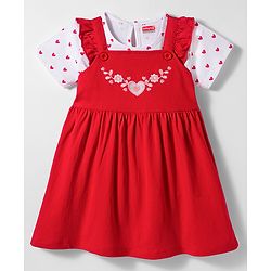 Babyhug Single Jersey Knit Half Sleeves Floral Embroidered Frock with Heart Printed Inner Tee - Red  & White