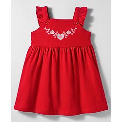 Babyhug Single Jersey Knit Half Sleeves Floral Embroidered Frock with Heart Printed Inner Tee - Red  & White