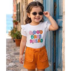 Babyhug Single Jersey Knit Half Puffed Sleeves Good Days Ahead Text Printed Top & Shorts Set - White & Orange
