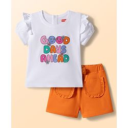 Babyhug Single Jersey Knit Half Puffed Sleeves Good Days Ahead Text Printed Top & Shorts Set - White & Orange